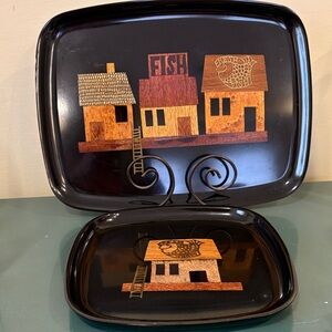 Vintage Couroc of Monterey Wooden Inlay Fish House Serving Trays